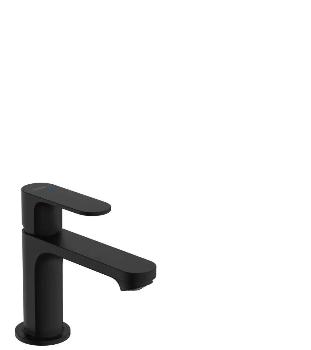 Schwarzes Standventil mit Hebelgriff für Kaltwasser oder vorgemischtes Wasser, hergestellt von Hansgrohe. Kein Ablaufgarnitur sichtbar.